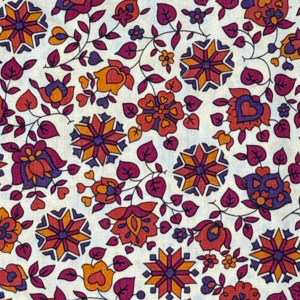 Vintage 70s Fabric Floral Cotton Fabric Cream Orange Red Purple 126” x 36”